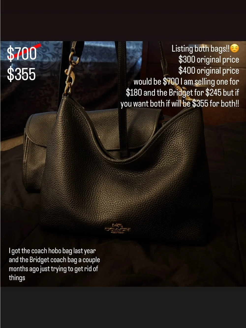 Coach Black Pebbled Leather Hobo Bag + Bridget coach DEAL!! GET BOTH FOR $355